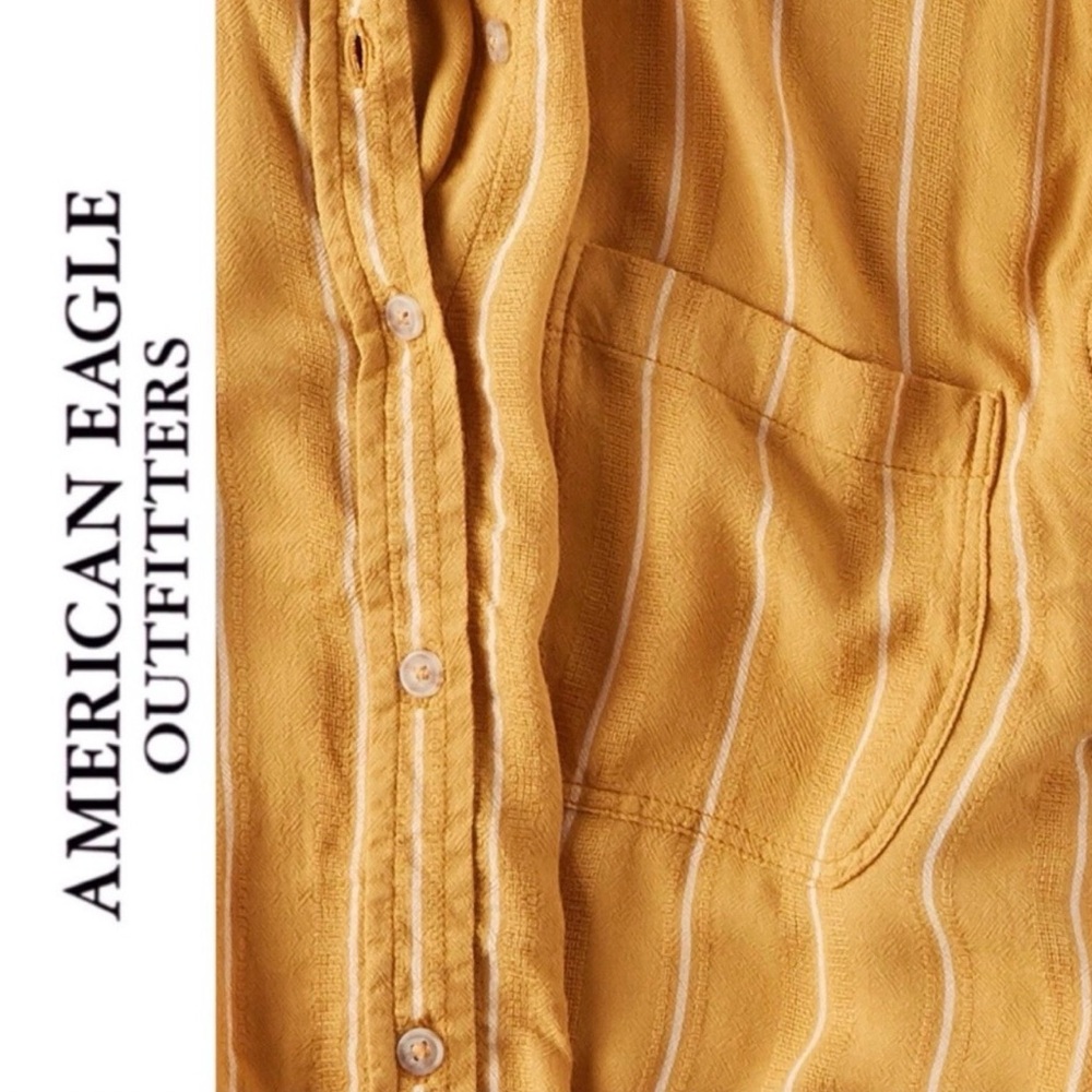 American Eagle Mustard Striped Button-Up With Adjustable Tie Hem